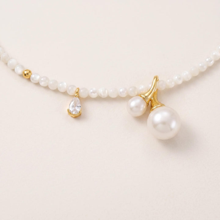Mother of Pearl Choker Freshwater Pearl & Cubic Zirconia Charms, 14k Gold Plated Sterling Silver