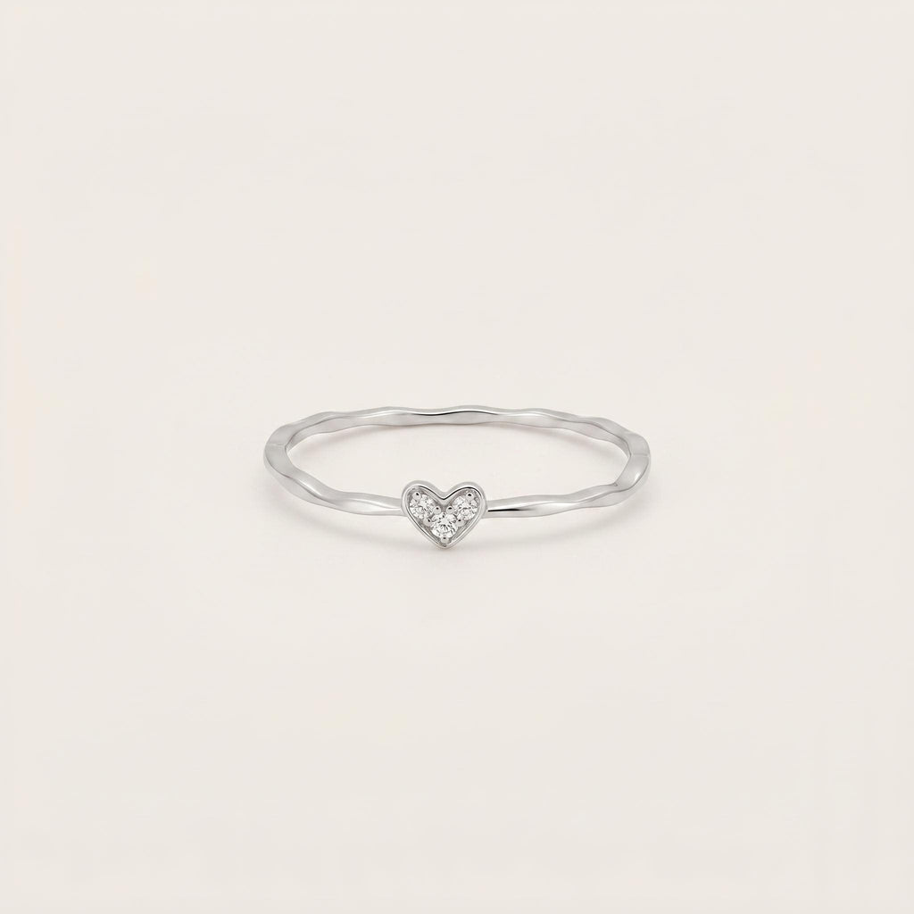 Sterling Silver CZ Heart Ring | Dainty Ripple Band Stacking Ring