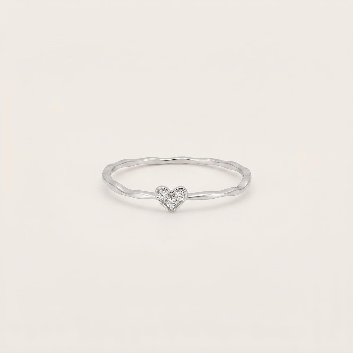 Sterling Silver CZ Heart Ring | Dainty Ripple Band Stacking Ring