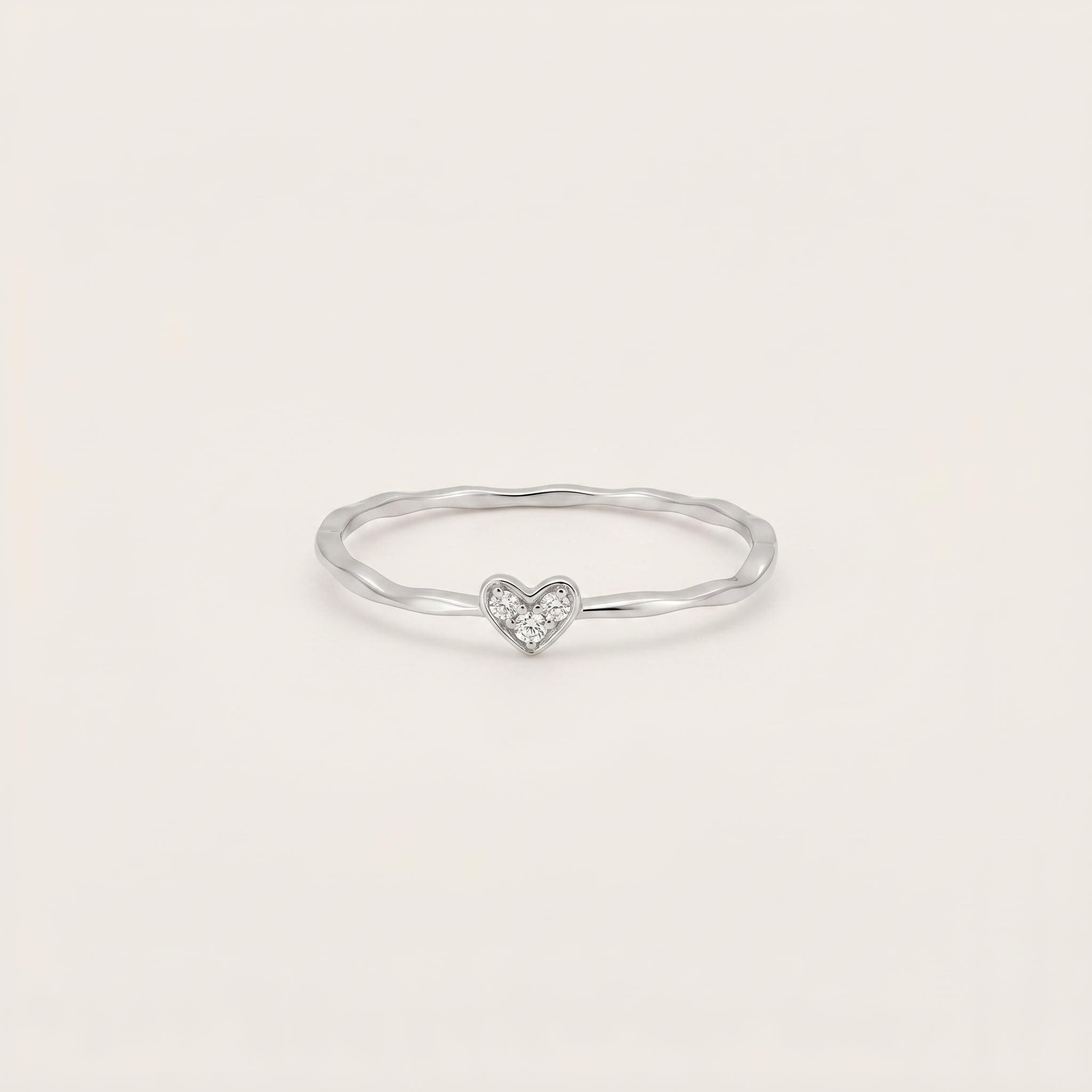 Sterling Silver CZ Heart Ring | Dainty Ripple Band Stacking Ring