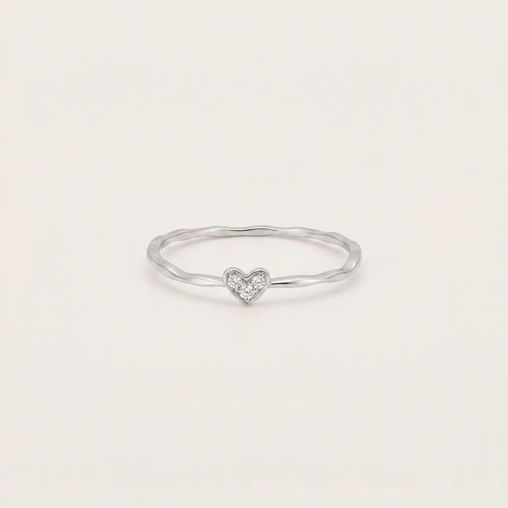 Sterling Silver CZ Heart Ring | Dainty Ripple Band Stacking Ring
