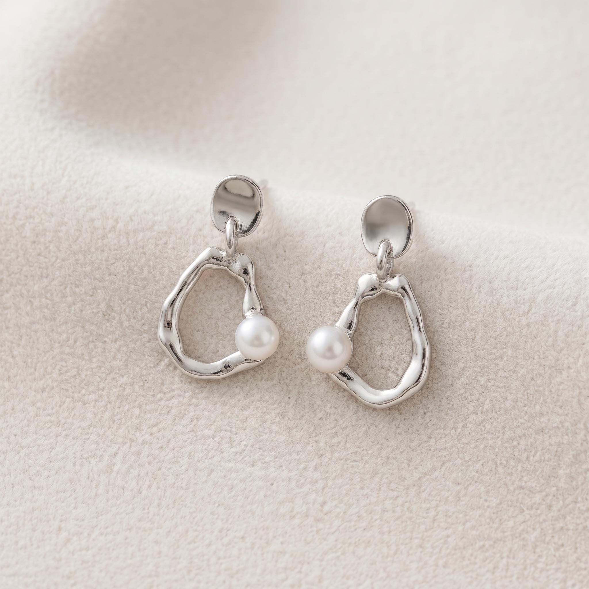Pebble Pearl Drop Earrings | Organic Sterling Silver Asymmetric Dangles