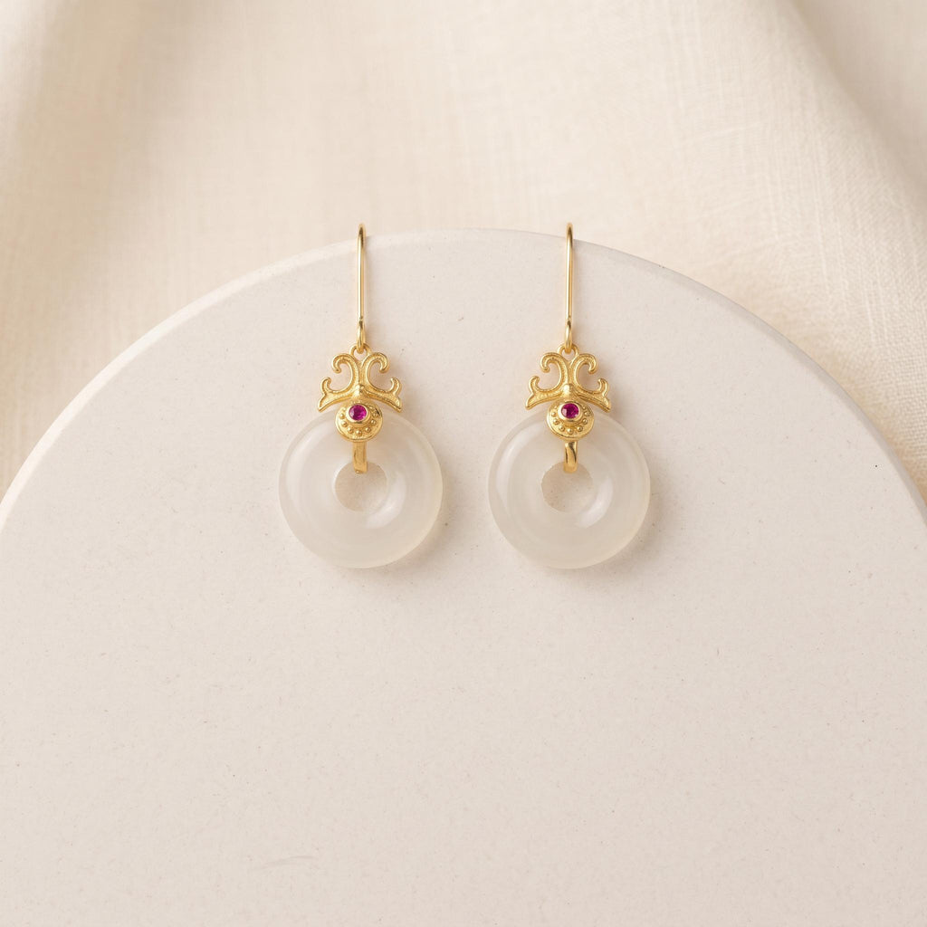 White Jade Peace Buckle Earrings | Gold Plated Sterling Silver | Chinese Heritage Talisman
