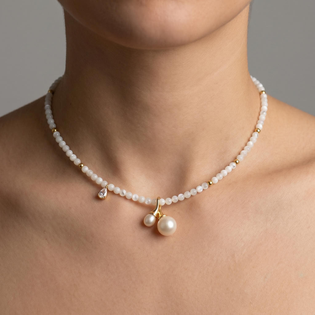 Mother of Pearl Choker Freshwater Pearl & Cubic Zirconia Charms, 14k Gold Plated Sterling Silver