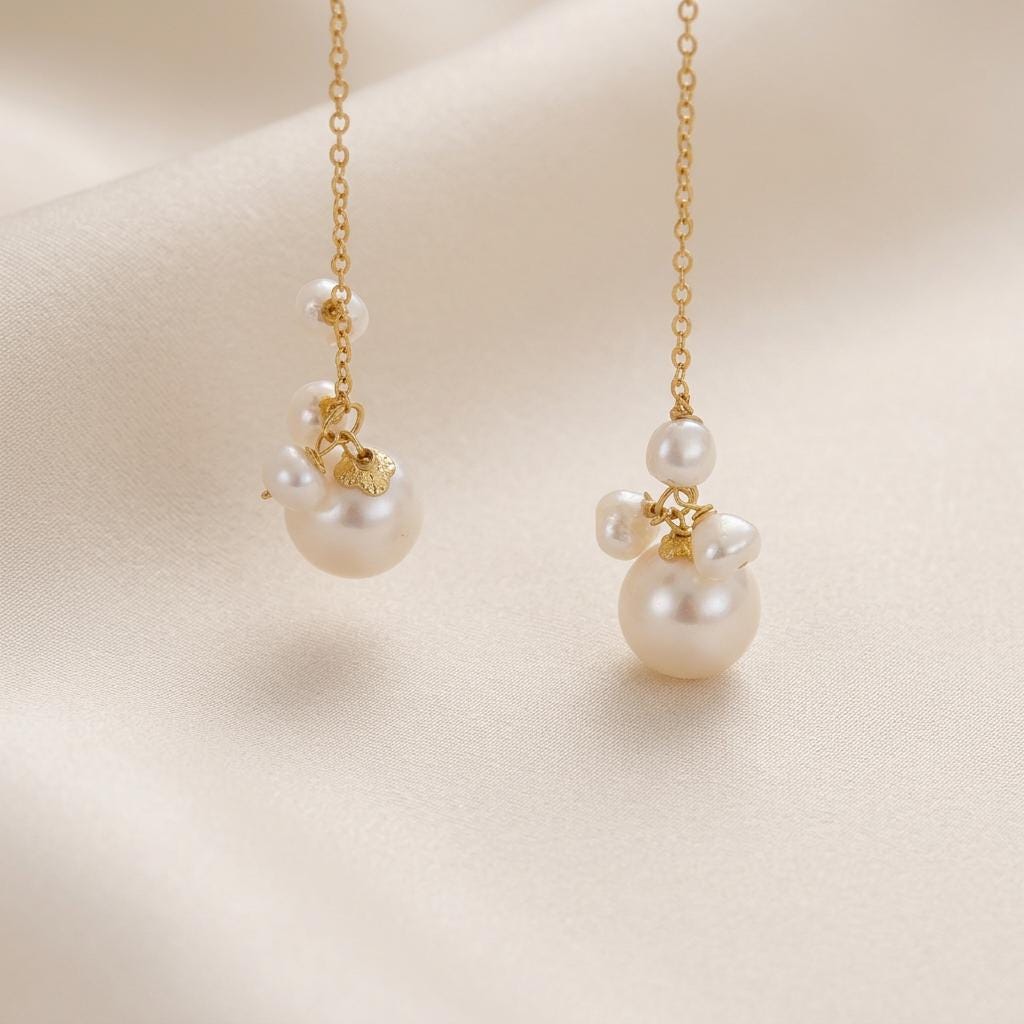 Gold Plated Sterling Silver Cascade Pearl Threader Earrings – Freshwater Pearl Drop Jewellery