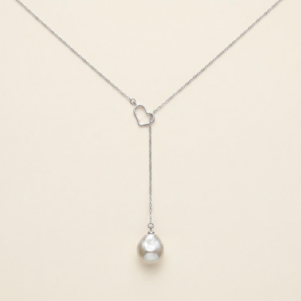 Baroque Freshwater Pearl Heart Lariat Necklace, 925 Sterling Silver Y Drop Pendant