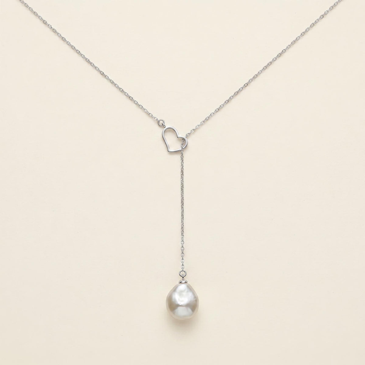 Baroque Freshwater Pearl Heart Lariat Necklace, 925 Sterling Silver Y Drop Pendant