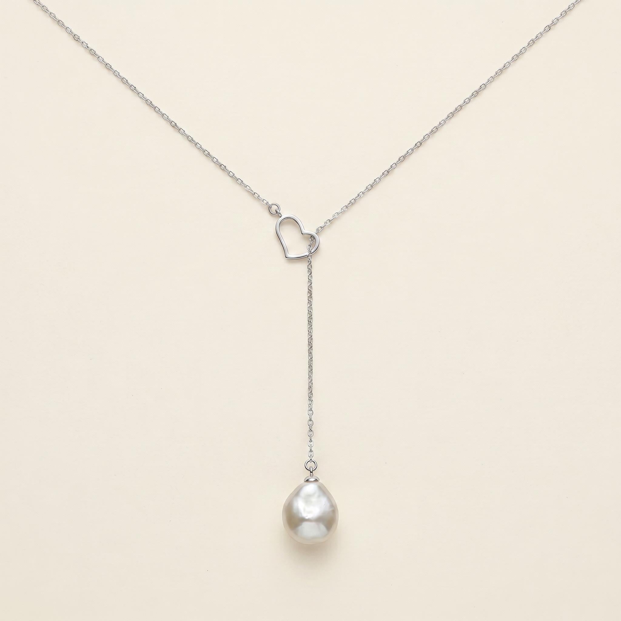 Baroque Freshwater Pearl Heart Lariat Necklace, 925 Sterling Silver Y Drop Pendant