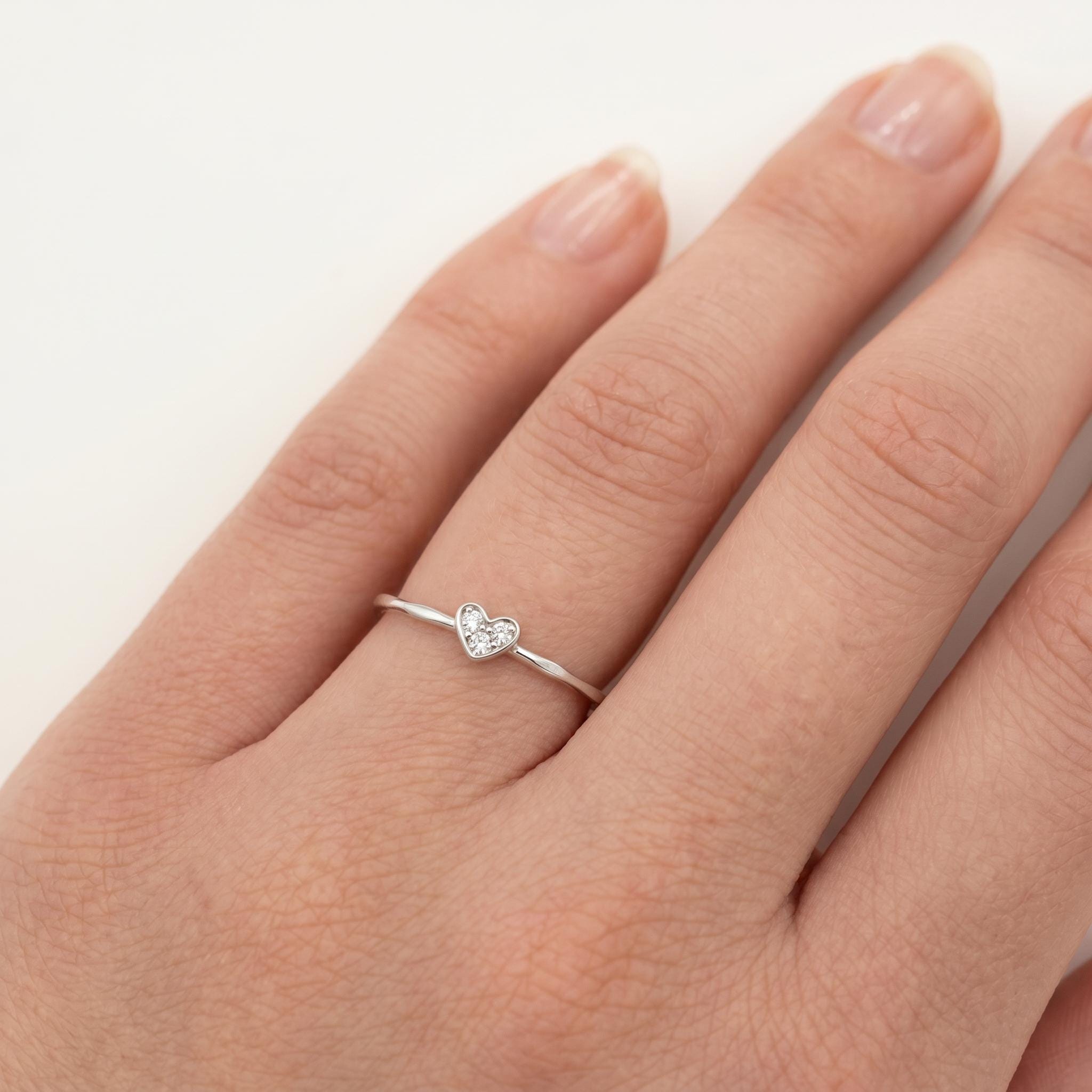 Sterling Silver CZ Heart Ring | Dainty Ripple Band Stacking Ring